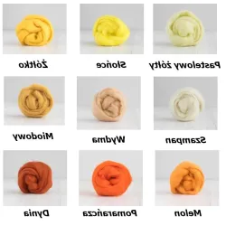 Zestaw SŁONECZNY wełny czesanki australijskiej 19mic 10 kolorów