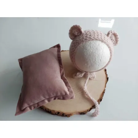 Czapeczka Misia z Poduszką do sesji fotograficznej noworodka RÓŻ