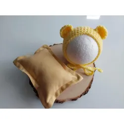 Czapeczka Misia z Poduszką do sesji fotograficznej noworodka ŻÓŁTY