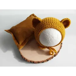 Czapeczka Misia z Poduszką do sesji fotograficznej noworodka ŻŁOTA