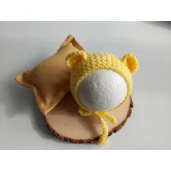 Czapeczka Misia z Poduszką do sesji fotograficznej noworodka JASNY ŻÓŁTY