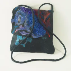 Torba granatowa z wełny z jedwabną aplikacją, handmade.