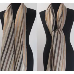 Męski damski dwustronny beżowy szal w paski z wełny merynosów i jedwabiu