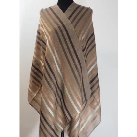 Męski damski dwustronny beżowy szal w paski z wełny merynosów i jedwabiu