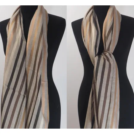 Męski damski dwustronny beżowy szal w paski z wełny merynosów i jedwabiu