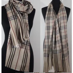 Męski damski dwustronny beżowy szal w angielską kratę z wełny merynosów i jedwabiu