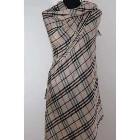 Męski damski dwustronny beżowy szal w angielską kratę z wełny merynosów i jedwabiu