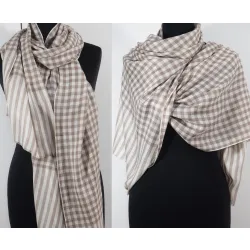 Męski damski dwustronny beżowy szal w kratę z wełny merynosów i jedwabiu