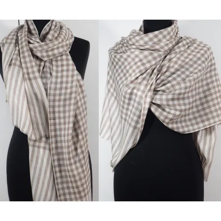 Męski damski dwustronny beżowy szal w kratę z wełny merynosów i jedwabiu
