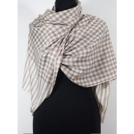 Męski damski dwustronny beżowy szal w kratę z wełny merynosów i jedwabiu