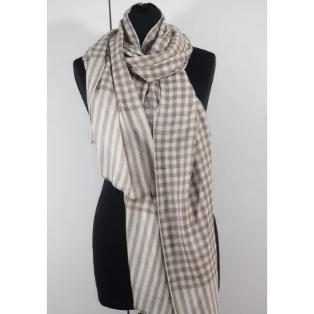Męski damski dwustronny beżowy szal w kratę z wełny merynosów i jedwabiu