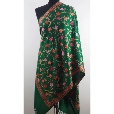 Damski wełniany szal merinos haftowany Zielony kolorowy