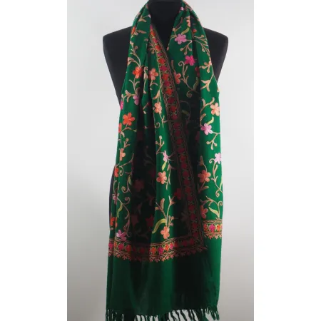 Damski wełniany szal merinos haftowany Zielony kolorowy