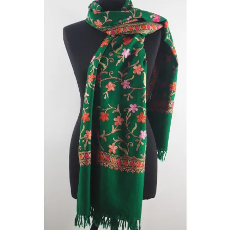 Damski wełniany szal merinos haftowany Zielony kolorowy