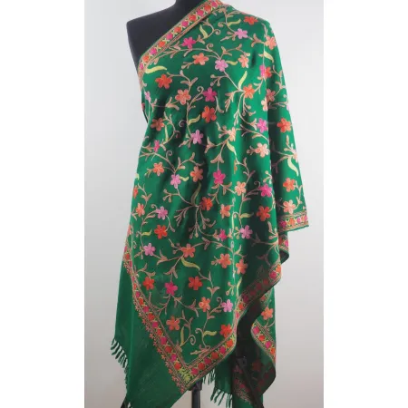 Damski wełniany szal merinos haftowany Zielony kolorowy