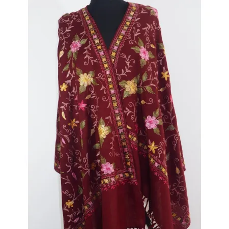 Damski bordowy wełniany szal merino z haftem w kwiaty