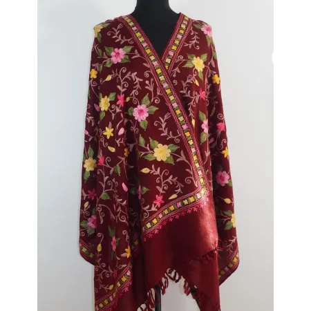 Damski bordowy wełniany szal merino z haftem w kwiaty