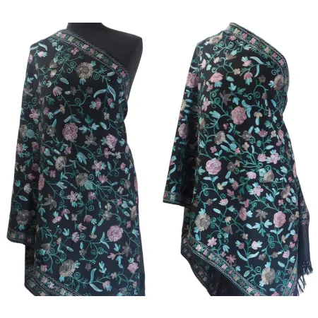 Damski szal wełniany merynos Aari haftowany w kwiaty