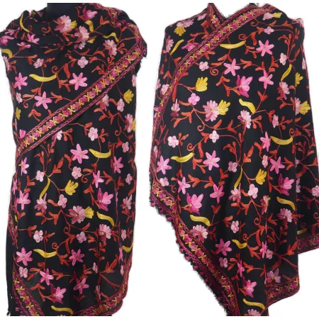 Damski wełniany szal merinos haftowane kolorwe kwiaty