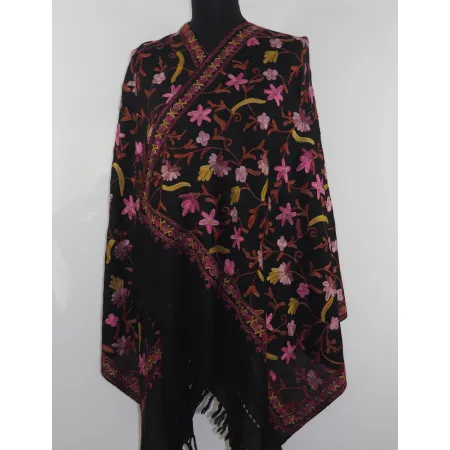 Damski wełniany szal merinos haftowane kolorwe kwiaty