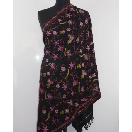 Damski wełniany szal merinos haftowane kolorwe kwiaty