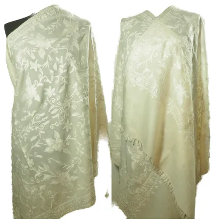 Damski wełniany szal merinos haftowany Biały kremowy