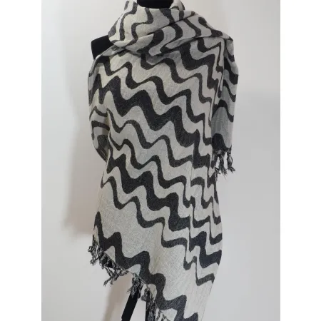 Damski szal wełniany merynos dwustronny Biało czarny