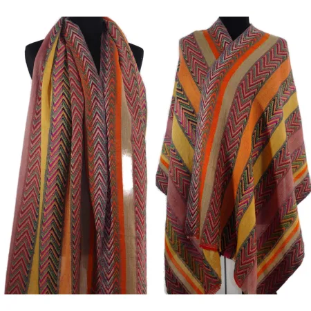 Damski szal w paski i jodełka z wełny z merynosów