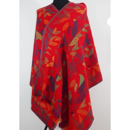 Damski wełniany szal czerwony dwustronny liście