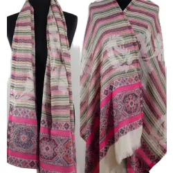 Stylowy damski wełniany szal dwustronny w kwiaty i wzory azteckie