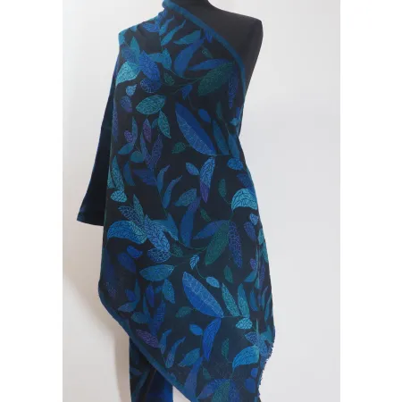 Elegancki granatowy damski szal w liście z wełny z merynosów