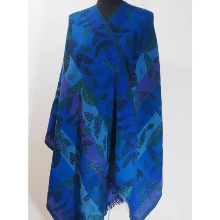 Elegancki granatowy damski szal w liście z wełny z merynosów