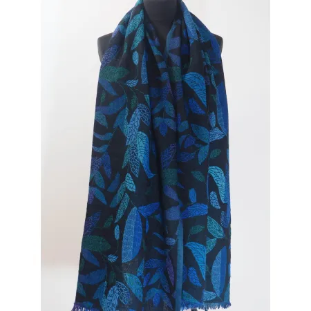 Elegancki granatowy damski szal w liście z wełny z merynosów