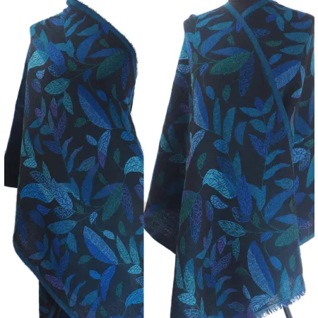 Elegancki granatowy damski szal w liście z wełny z merynosów