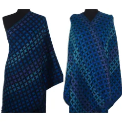 Granatowy damski szal dwustronny w piksle ze 100% wełny z merynosów