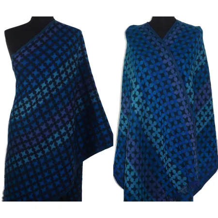 Granatowy damski szal dwustronny w piksle ze 100% wełny z merynosów
