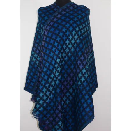 Granatowy damski szal dwustronny w piksle ze 100% wełny z merynosów